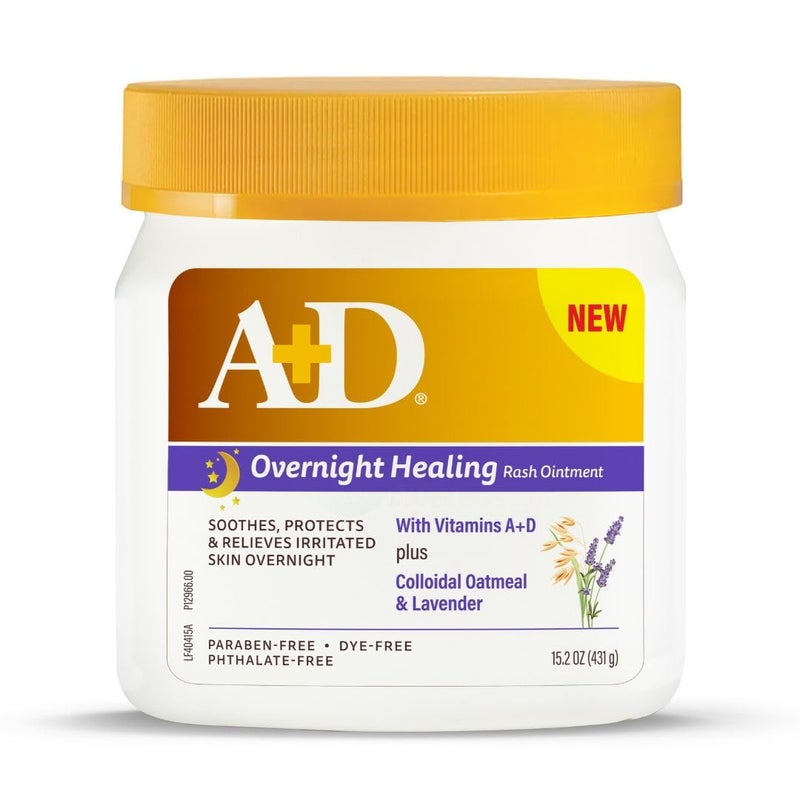 A + D مرهم علاج طفح الحفاضات ليلاً - يهدئ، يحمي ويخفف طفح الحفاضات ليلاً مع اللافندر والشوفان الغروي - مرهم شفاء للبشرة الحمراء، الحاكة، والمتهيجة - 15.2 أونصة في جرة - Image 1